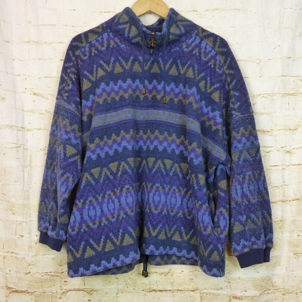 VTG 90s Express French Country Fleece Sweater Mens L Blue Geo Tribal Gorpcore